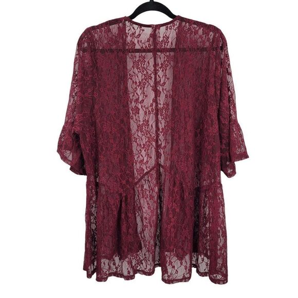 Time and Tru Lace Cardigan Maroon Wine L-XL Peplum Ruffle Bell 3/4 Sleeve Tunic - Picture 3 of 12